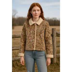Y2K Friends Phoebe Chinese Fabric Tapestry Floral Jacket M Berber Shearling Boho
